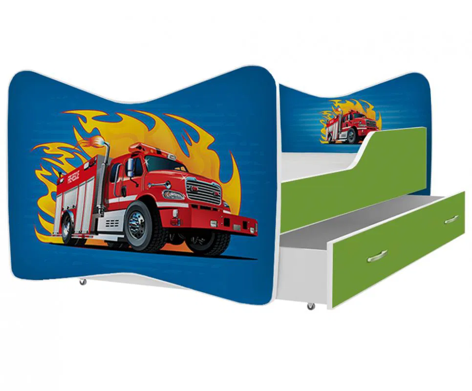 Dětská postel KEVIN ZELENÁ vzor HASIČSKÉ AUTO 180x80cm VÝPRODEJ