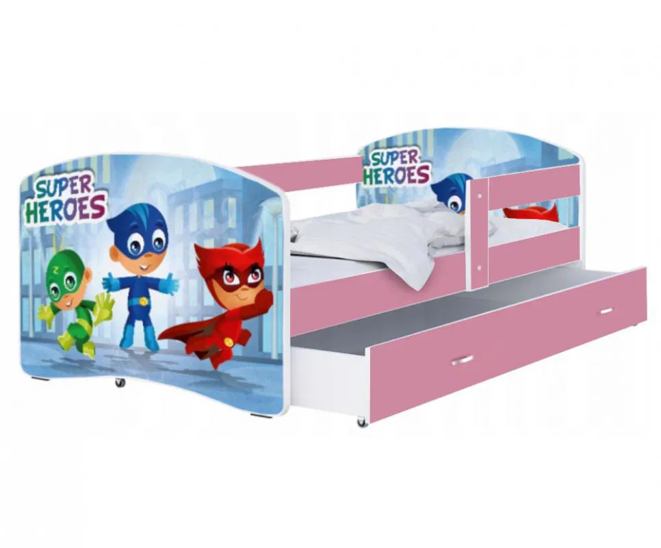 Dětská postel LUKI se šuplíkem RŮŽOVÁ 160x80cm vzor SUPERHEROES 54L