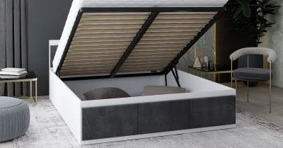 Manželská postel PANAMA T 120x200 se zvedacím kovovým roštem BÍLÁ TMAVĚ ŠEDÁ