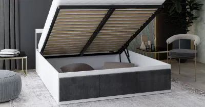 Manželská postel PANAMA T 140x200 se zvedacím kovovým roštem BÍLÁ TMAVĚ ŠEDÁ