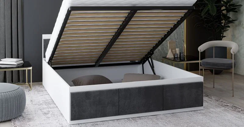 Manželská postel PANAMA T 160x200 se zvedacím kovovým roštem BÍLÁ TMAVĚ ŠEDÁ