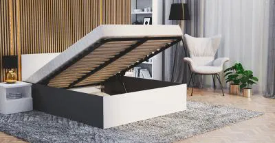 Dvoulůžková postel s úložným prostorem 160x200 PANAMA se zdvižným roštem ŠEDÁ BÍLÁ
