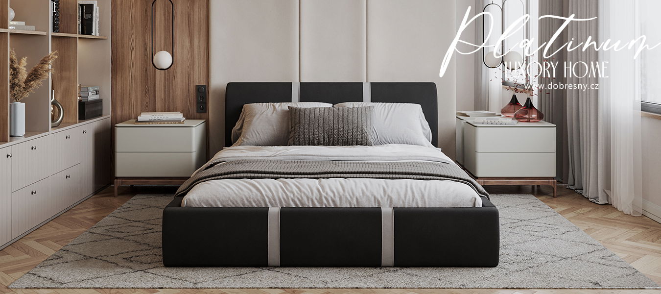 Čalúnená posteľ PLATINUM čierna biela 140x200 Trinity s kovovým roštom