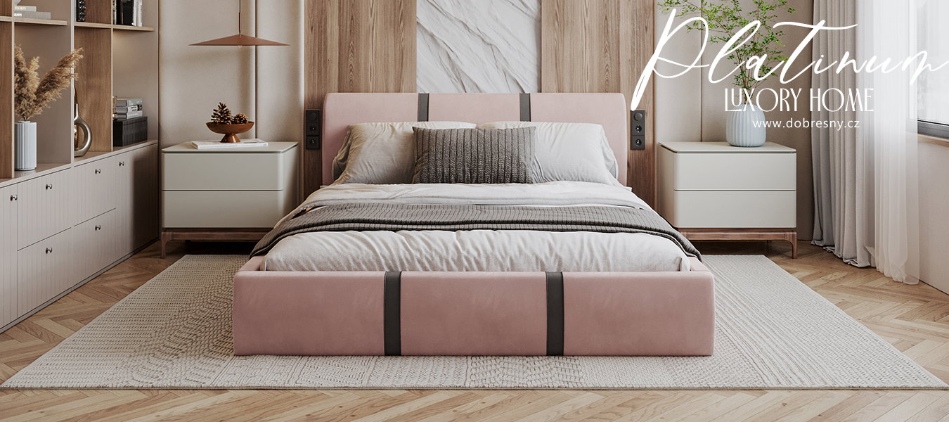 Čalúnená posteľ PLATINUM fialová biela 140x200 Trinity s kovovým roštom