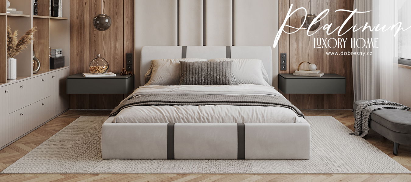 Čalúnená posteľ PLATINUM biela šedá 180x200 Trinity s kovovým roštom