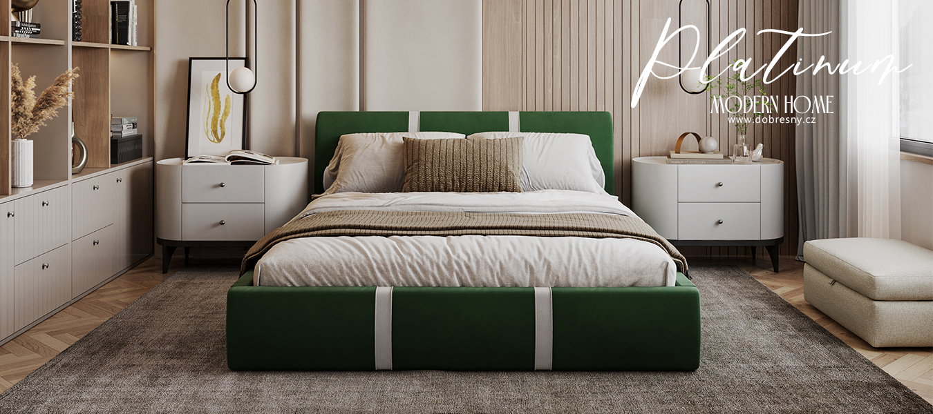 Čalúnená posteľ PLATINUM zelená biela 180x200 Trinity s kovovým roštom