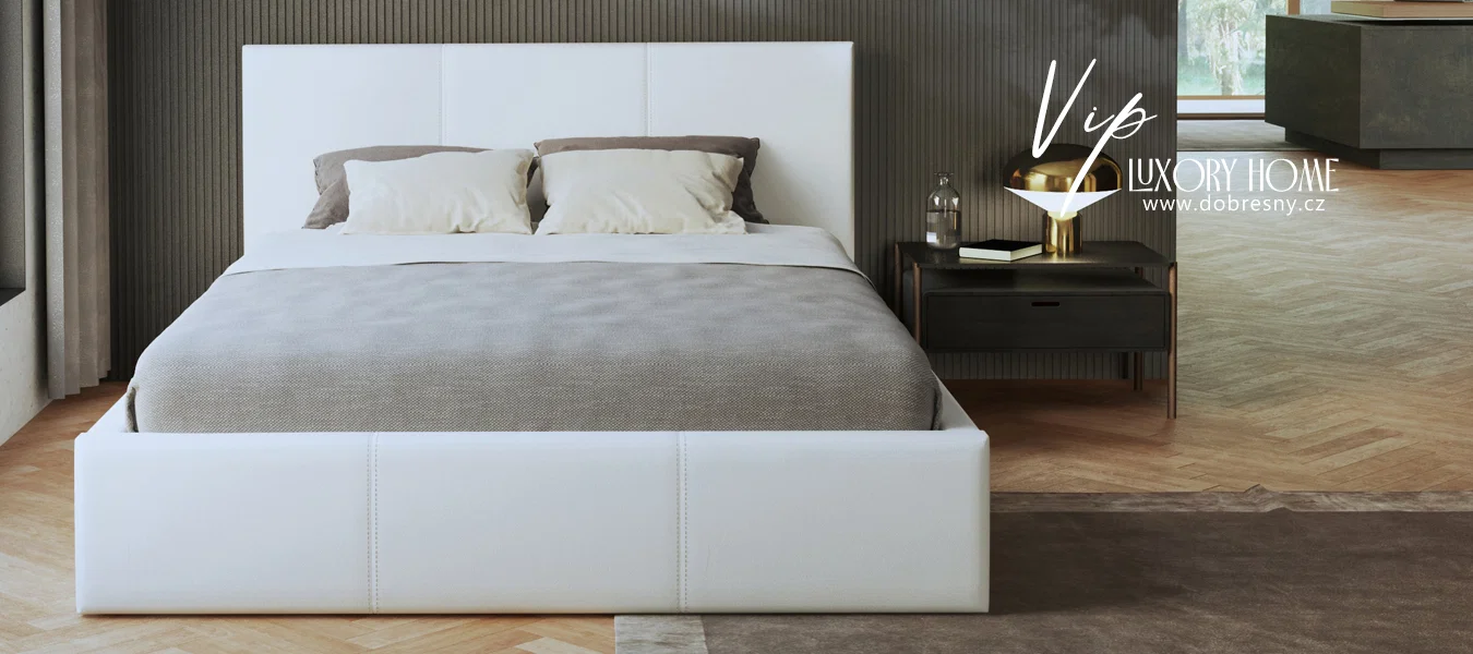 Čalouněná postel 140x200 cm VIP se zdvižným roštem BÍLÁ