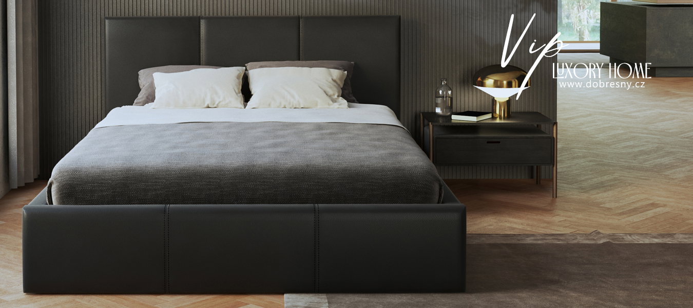 Čalúnená posteľ 140x200 cm VIP so zdvižným roštom ČIERNA