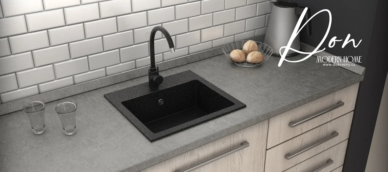 Granitový dřez DON + baterie DECO ČERNÁ ŽULA 44,2 x 41,5 x 17,1cm