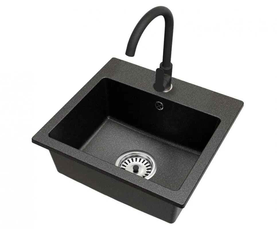 Granitový dřez DON + baterie DECO ČERNÁ ŽULA 44,2 x 41,5 x 17,1cm