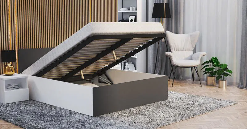 Postel 120 cm s úložným prostorem a zvedacím dřevěným roštem PANAMA BÍLÁ ŠEDÁ