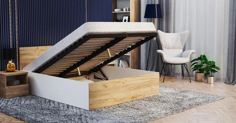 Manželská postel PANAMA 160x200 se zvedacím dřevěným roštem BÍLÁ DUB