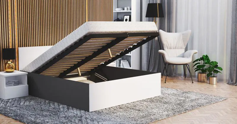 Manželská postel PANAMA 160x200 se zvedacím dřevěným roštem ŠEDÁ BÍLÁ