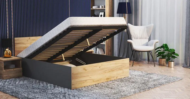 Manželská postel PANAMA 160x200 se zvedacím dřevěným roštem ŠEDÁ DUB