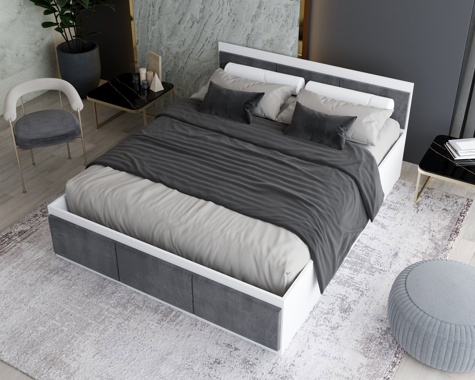 Manželská posteľ PANAMA T 160x200 so zdvíhacím dreveným roštom BIELA TMAVO SIVÁ