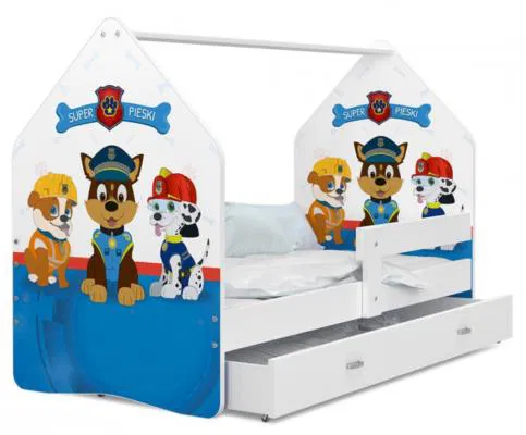 Dětská postel DAISY DOMEK se šuplíkem BÍLÁ vzor PEJSCI