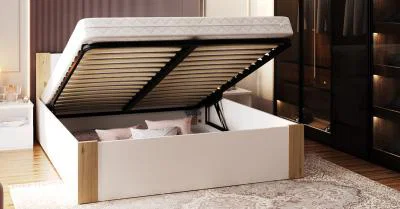 Postel 120x200 cm se zdvižným kovovým roštem BOSTON BÍLÁ - BOROVICE