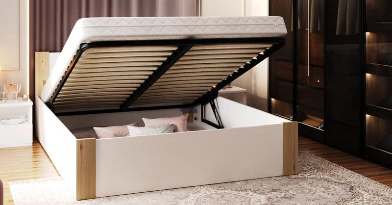 Manželská postel 140x200 cm se zdvižným kovovým roštem BOSTON BÍLÁ - BOROVICE