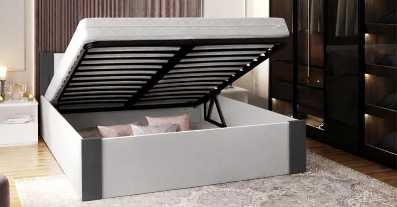 Manželská postel 160x200 cm se zdvižným kovovým roštem BOSTON BÍLÁ - ŠEDÁ