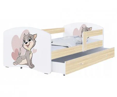 Dětská postel LUKI se šuplíkem DUB SONOMA 160x80 vzor KOČIČKA