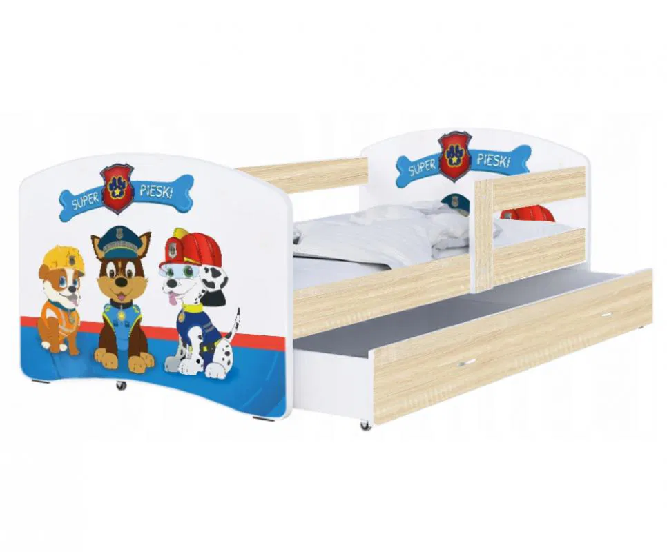 Dětská postel LUKI se šuplíkem DUB SONOMA 160x80 vzor SUPER PSI