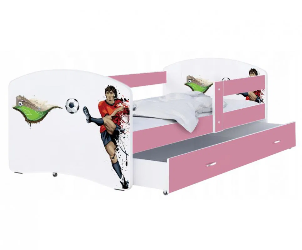 Dětská postel LUKI se šuplíkem RŮŽOVÁ 160x80 cm vzor FOTBAL