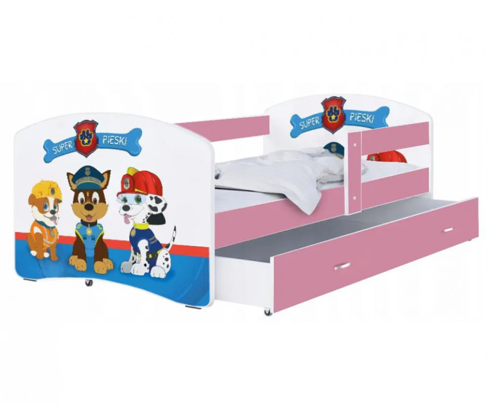 Dětská postel LUKI se šuplíkem RŮŽOVÁ 160x80 cm vzor SUPER PSI