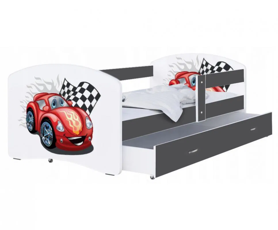 Dětská postel LUKI se šuplíkem ŠEDÁ 160x80 cm vzor ZÁVODNÍ AUTO
