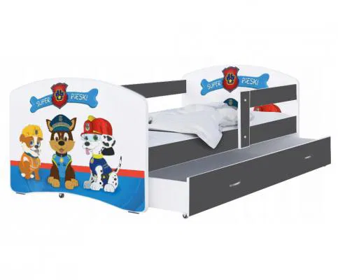 Dětská postel LUKI se šuplíkem ŠEDÁ 160x80 cm vzor SUPER PSI