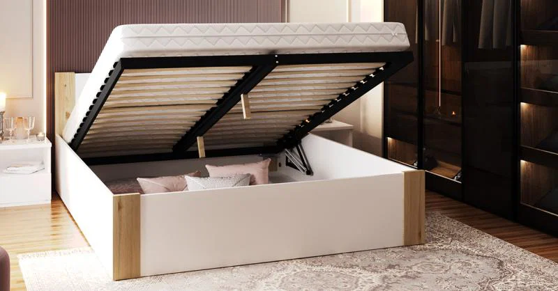 Manželská postel 140x200 cm BOSTON BÍLÁ - BOROVICE se zdvižným dřevěným roštem