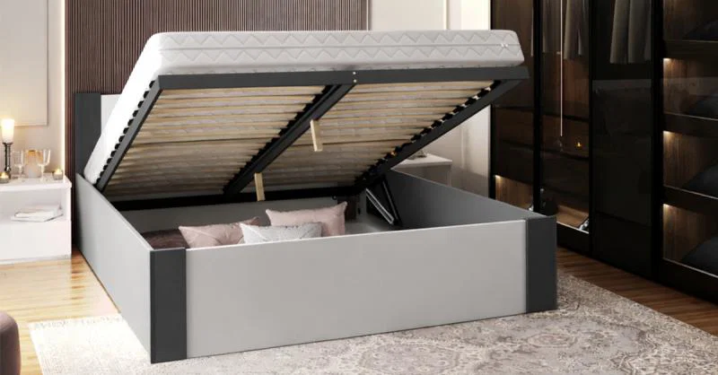 Manželská postel 140x200 cm BOSTON BÍLÁ - ŠEDÁ se zdvižným dřevěným roštem