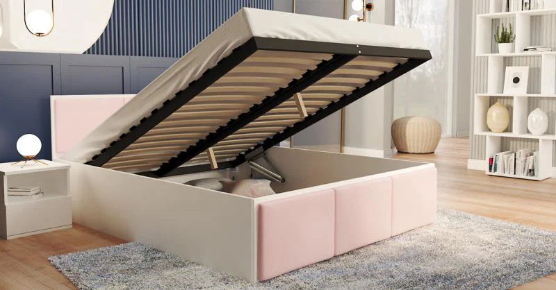 Čalouněná jednolůžková postel PANAMA T 120x200 se zvedacím dřevěným roštem BÍLÁ RŮŽOVÁ