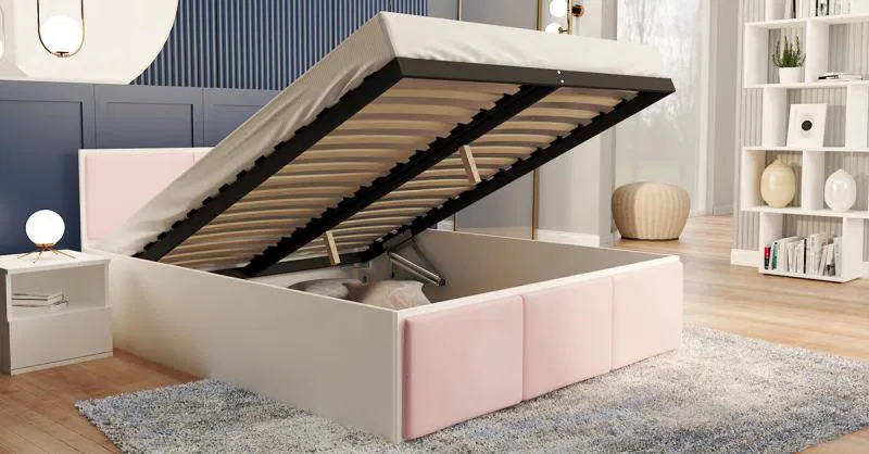 Manželská postel PANAMA T 160x200 se zvedacím dřevěným roštem BÍLÁ RŮŽOVÁ