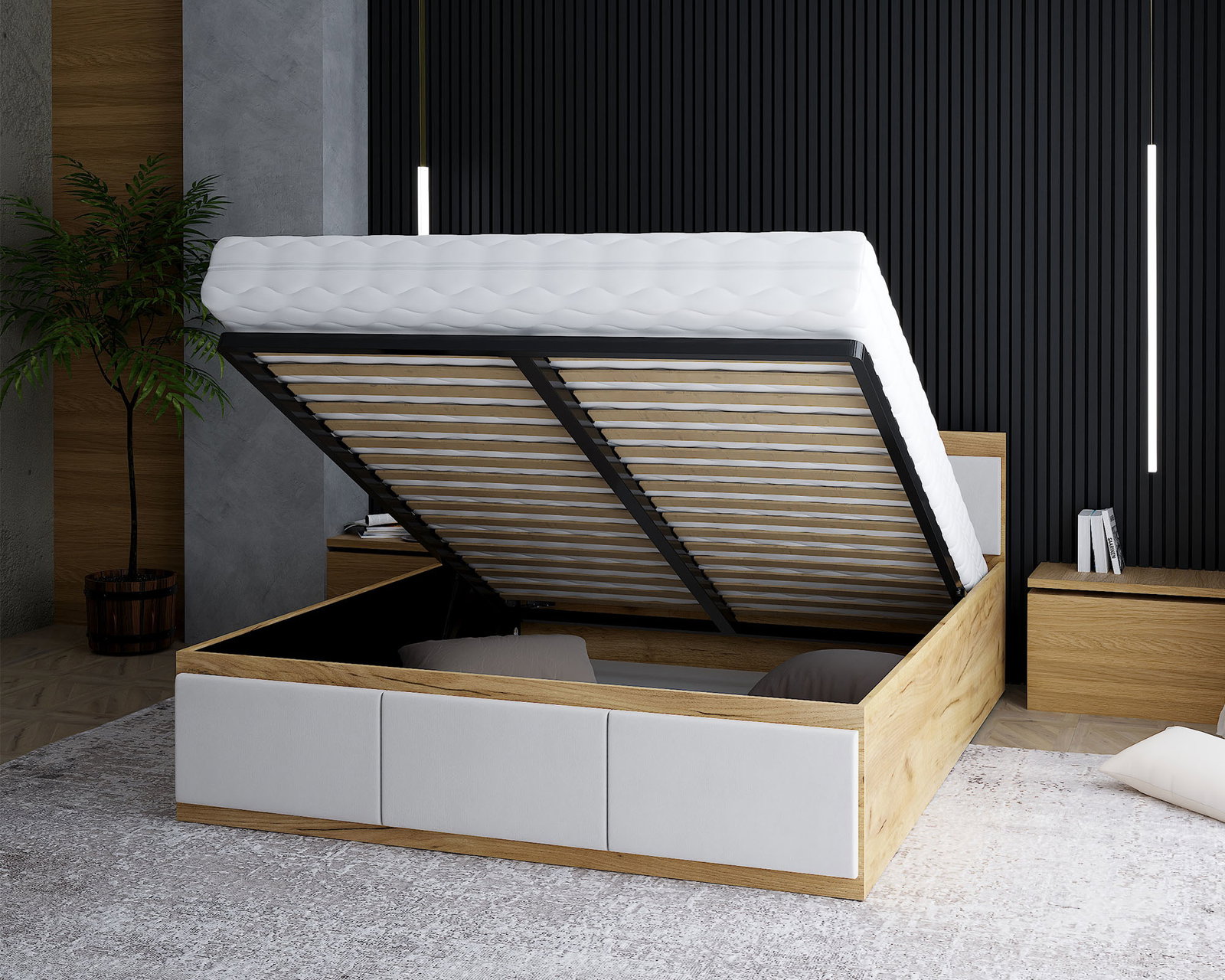 Manželská posteľ PANAMA T 160x200 so zdvíhacím kovovým roštom DUB BÍLÁ