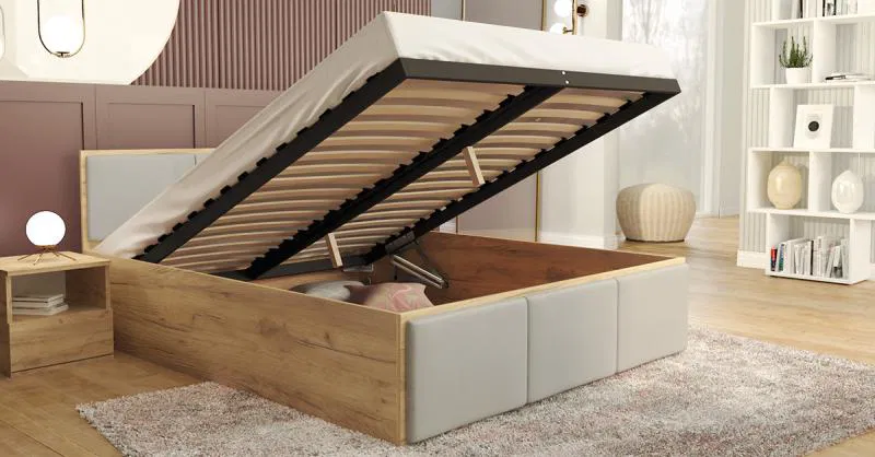 Čalouněná jednolůžková postel PANAMA T 120x200 se zvedacím dřevěným roštem DUB SVĚTLE ŠEDÁ