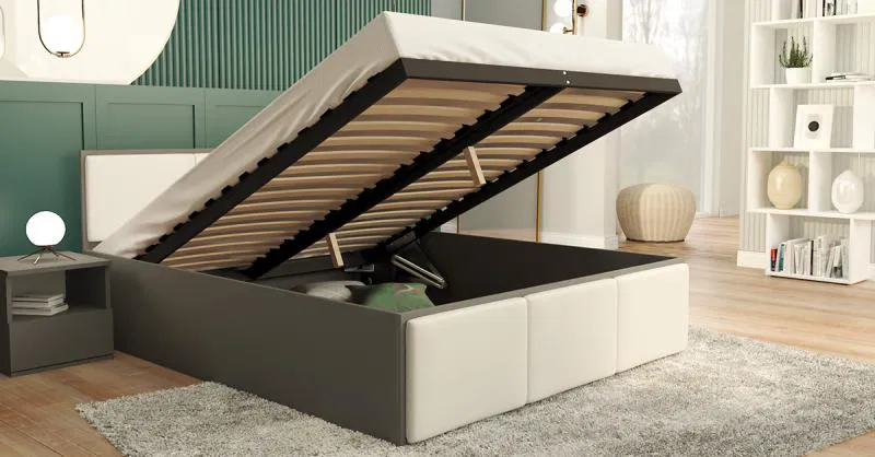 Manželská postel PANAMA T 160x200 se zvedacím dřevěným roštem ŠEDÁ BÍLÁ