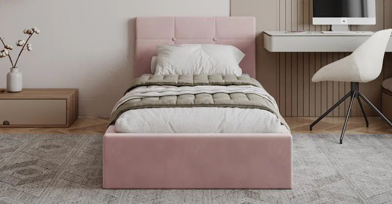 Čalouněná postel RINO 90x200 cm s kovovým roštem světle růžová