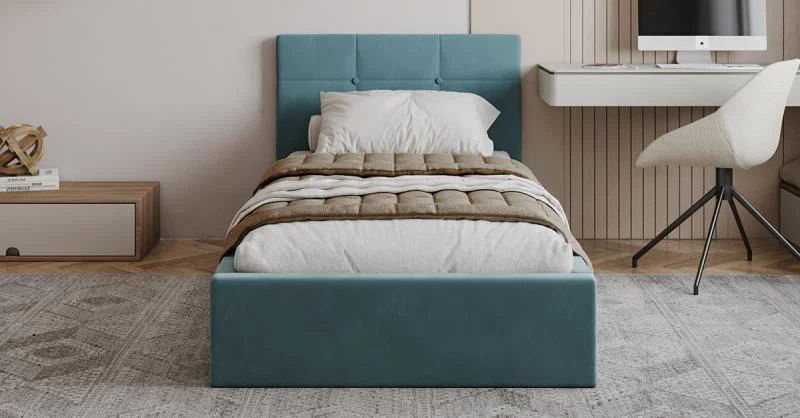 Čalouněná postel RINO 90x200 cm s kovovým roštem tyrkysová
