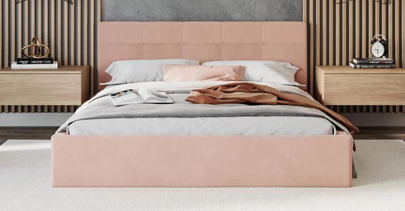 Čalouněná postel RINO 140x200 cm s kovovým roštem světle růžová