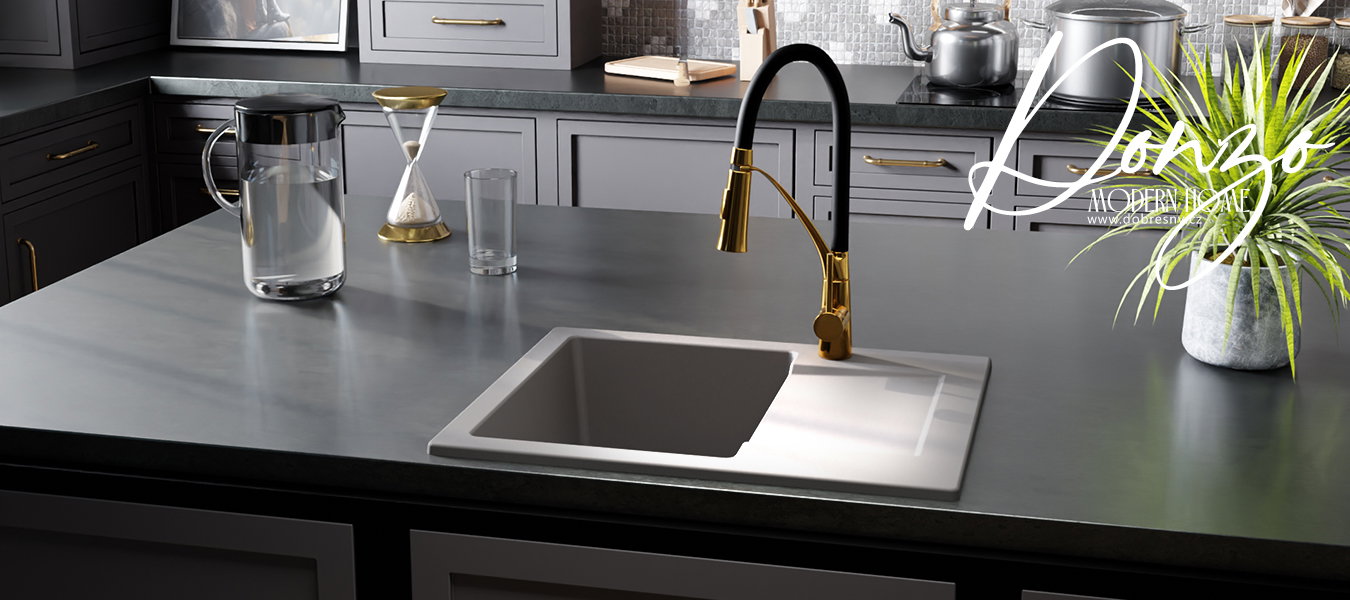 Granitový drez DONZO + batéria NEXO zlatá/odtiene šedej 46,5 x 57,6 x 17,4cm