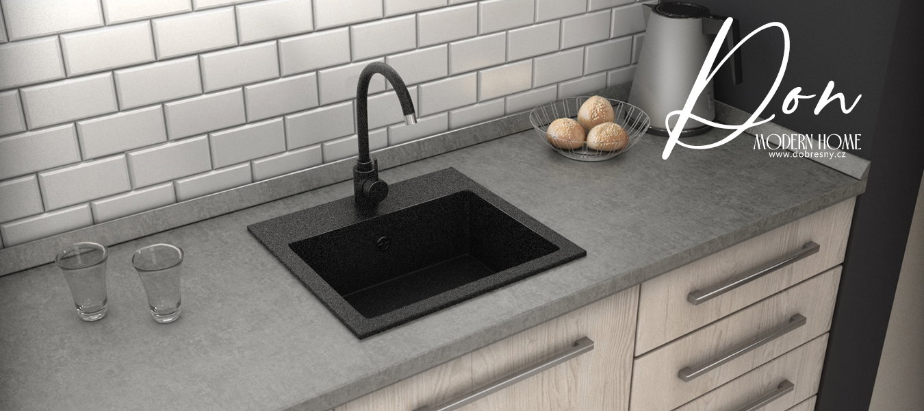 Granitový drez DON ČIERNÁ s textúrou žuly + čierny sifón 44,2 x 41,5 x 17,1cm