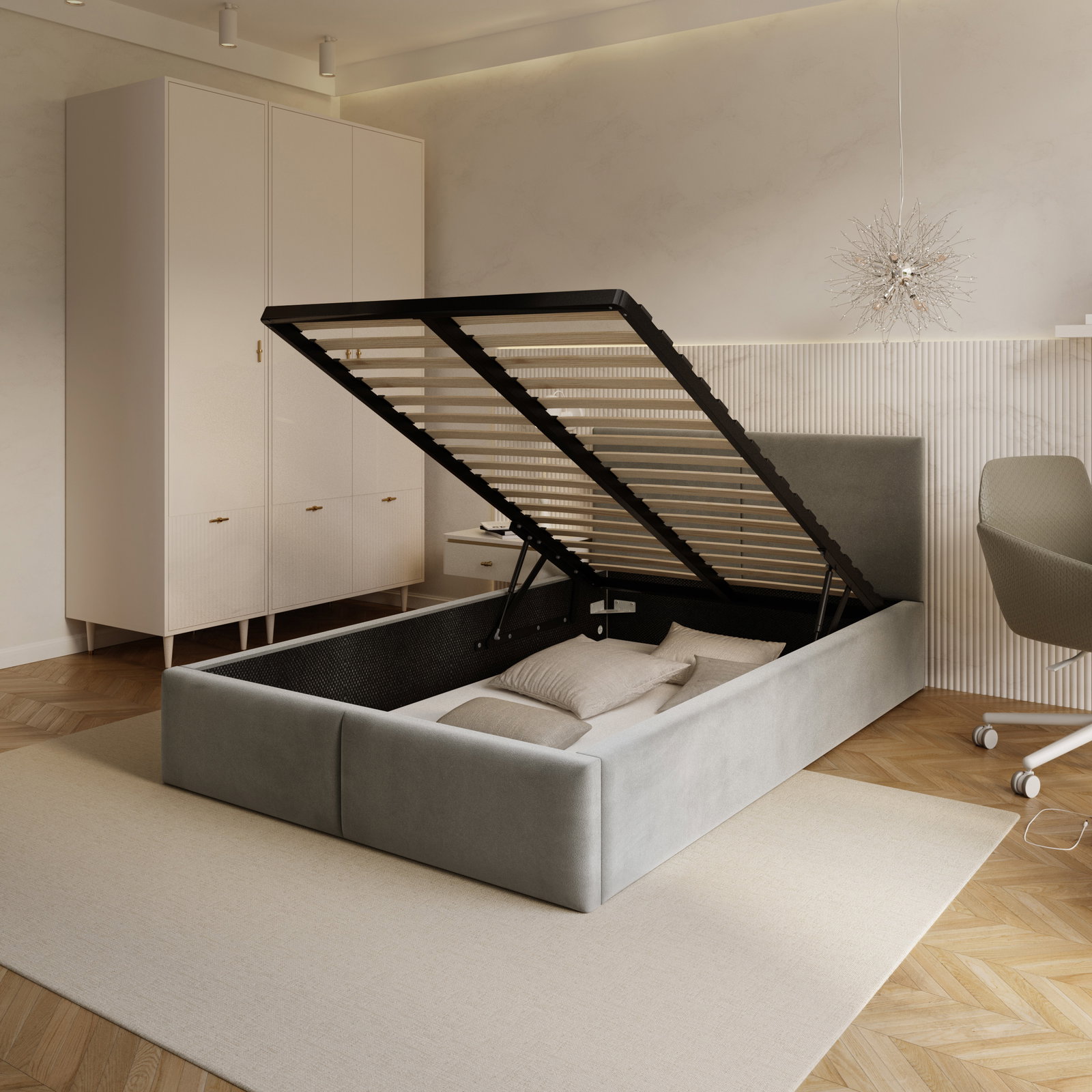 Čalúnená posteľ FRESIA 90x200 s kovovým zdvižným roštom ŠEDÁ