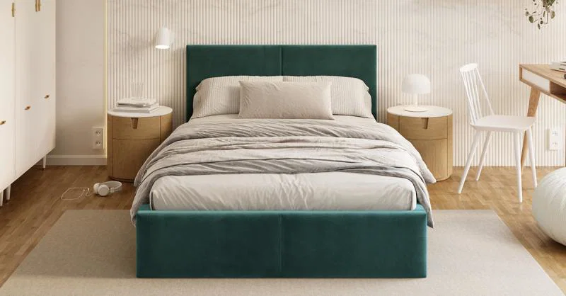 Čalouněná postel FRESIA 90x200 s kovovým zdvižným roštem TYRKYSOVÁ TRINITY