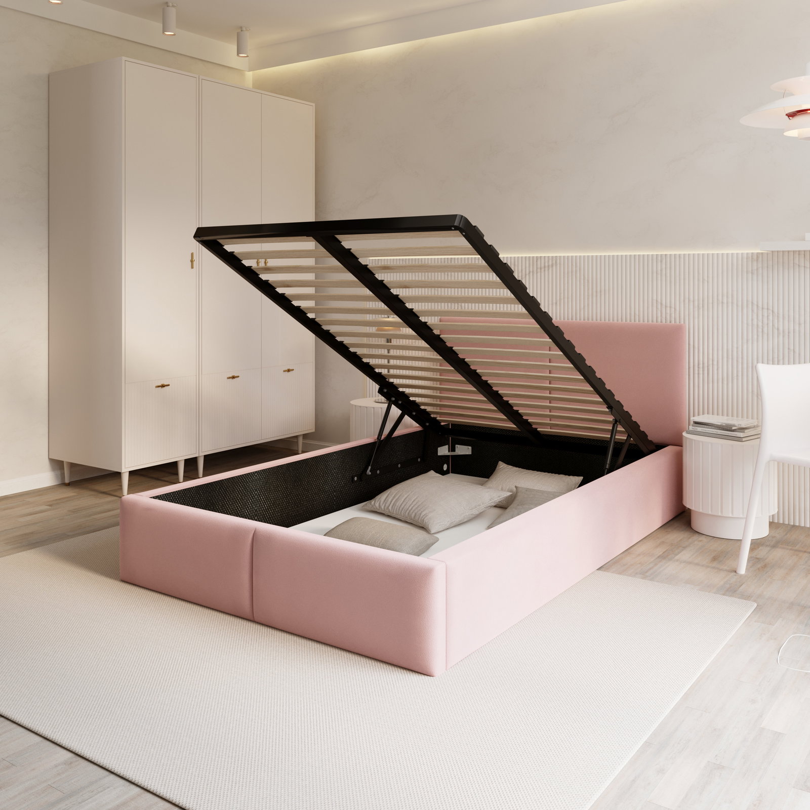 Čalúnená posteľ FRESIA 120x200 s kovovým zdvižným roštom RUŽOVÁ
