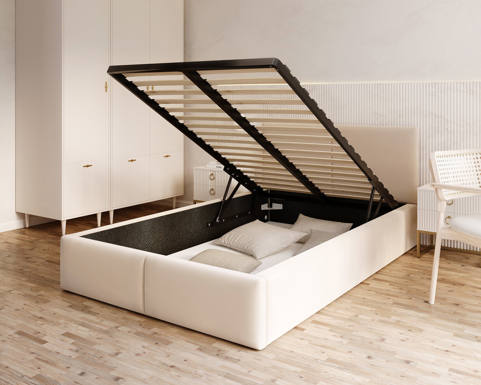 Čalúnená posteľ FRESIA 120x200 s kovovým zdvižným roštom krémová