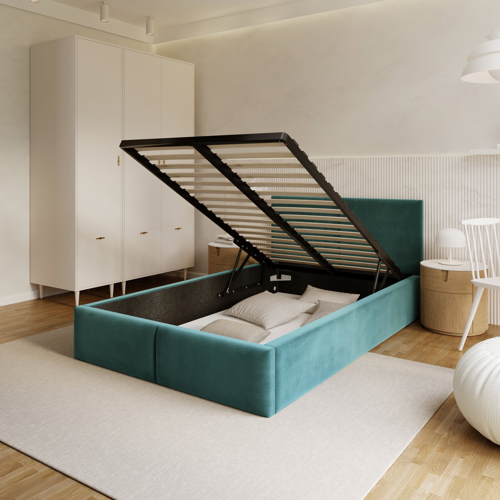 Čalúnená posteľ FRESIA 120x200 s kovovým zdvižným roštom TYRKYSOVÁ
