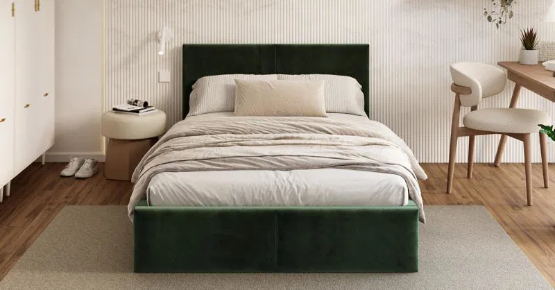 Čalouněná postel FRESIA 120x200 s kovovým zdvižným roštem ZELENÁ TRINITY