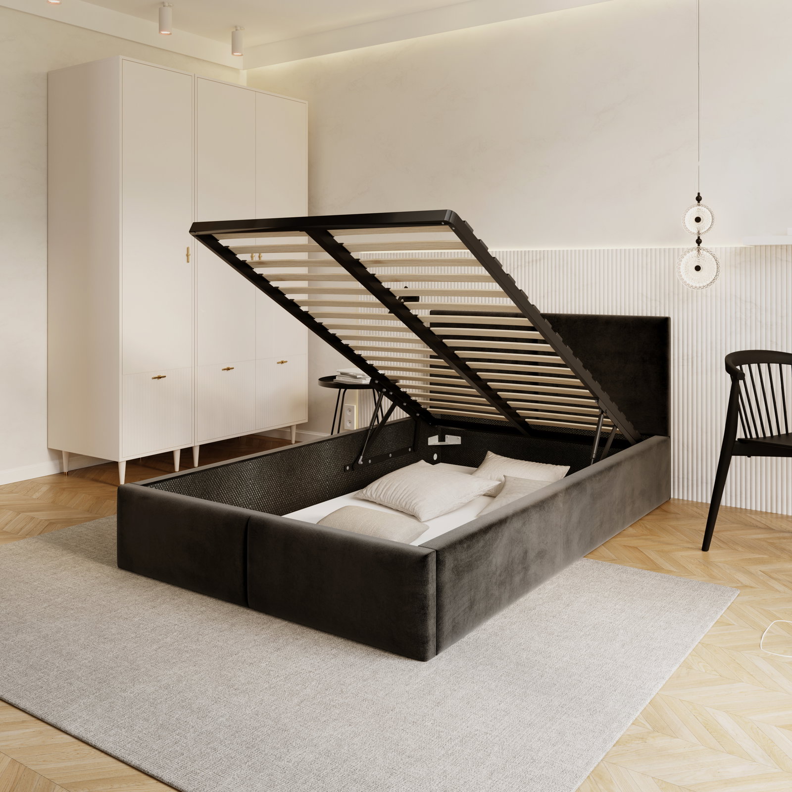 Čalúnená posteľ FRESIA 120x200 s kovovým zdvižným roštom ČIERNA