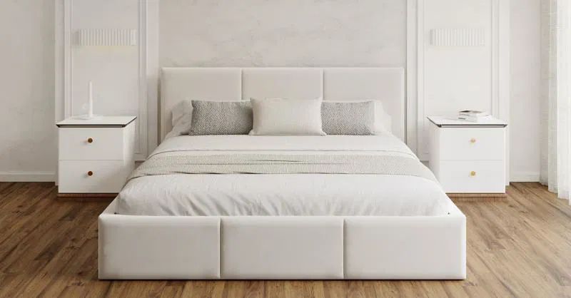 Čalouněná postel FRESIA 140x200 s kovovým zdvižným roštem BÍLÁ TRINITY