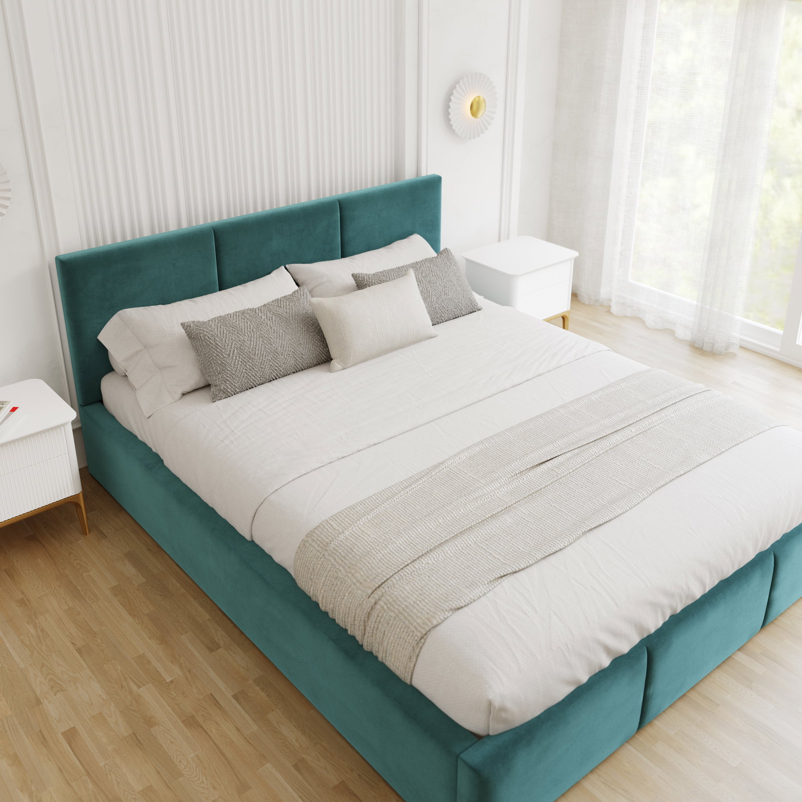 Čalúnená posteľ FRESIA 140x200 s kovovým zdvižným roštom TYRKYSOVÁ